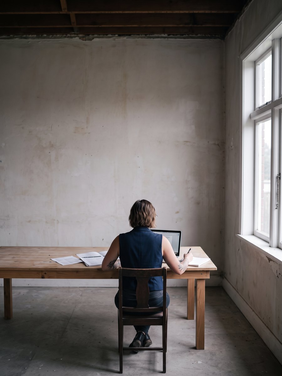 Mid distance view of Emma Hanover seated from behind at a long timber table with a laptop and papers, in a bare room with a tall sash window