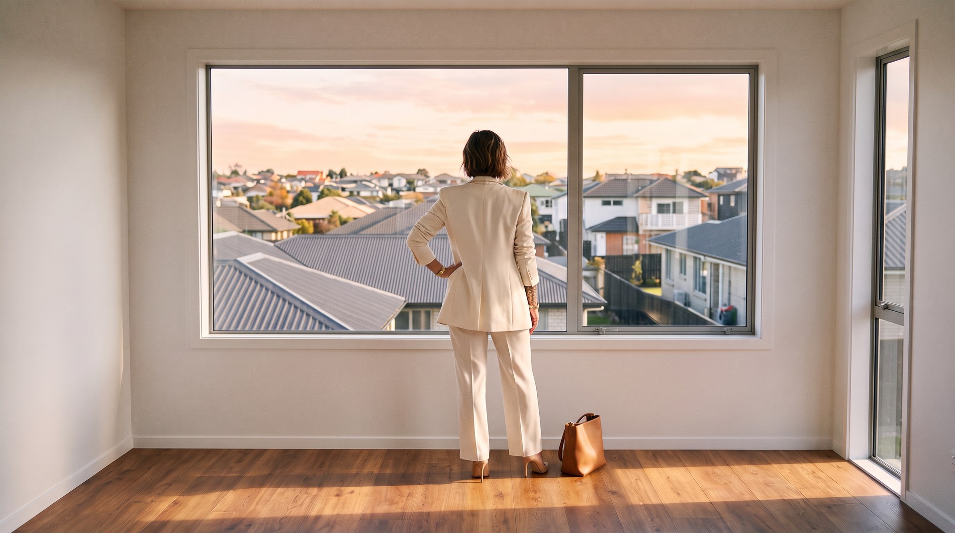 Emma Hanover at a wide window in a finished room, rooftops beyond in warm evening light