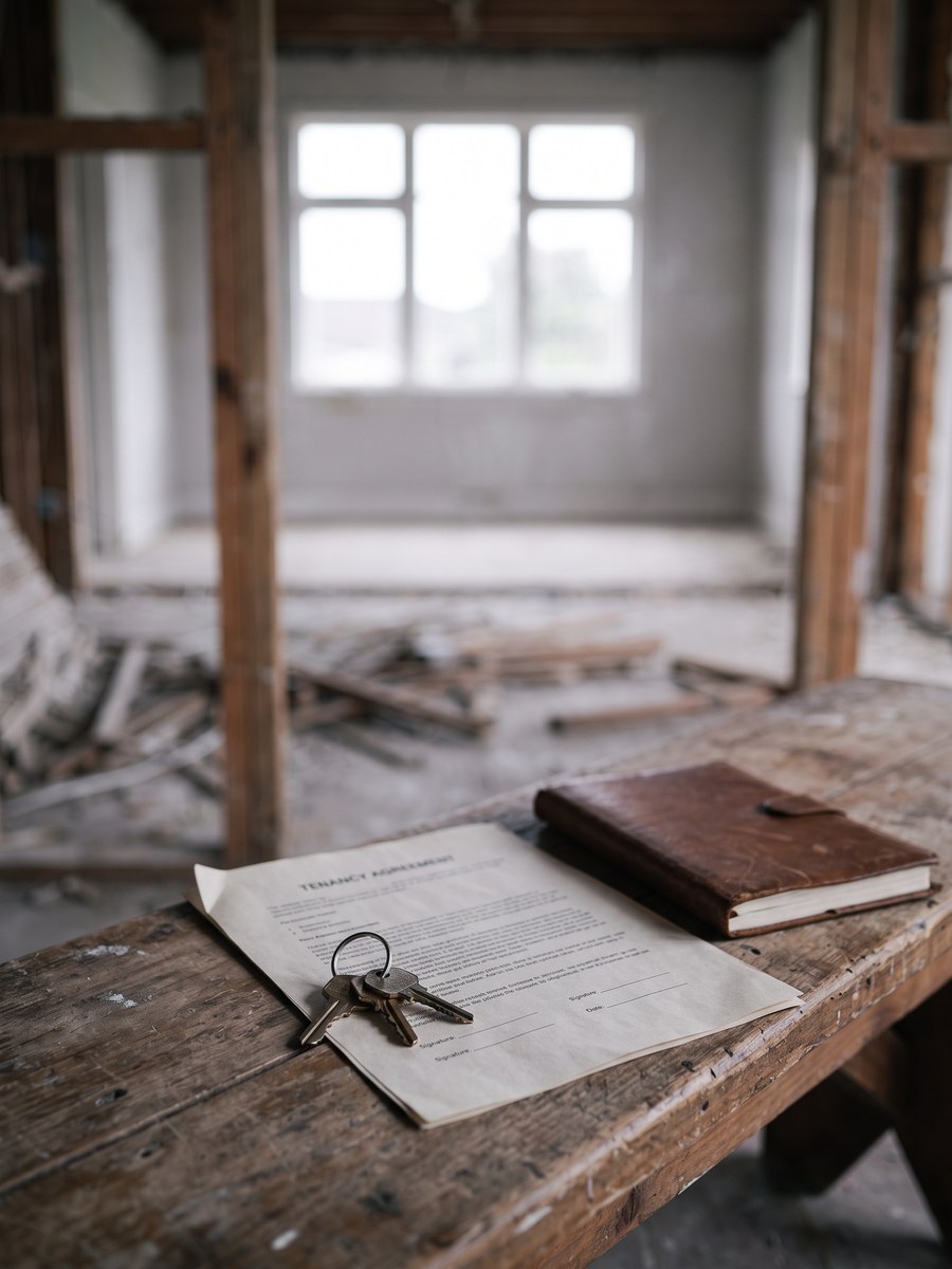 A set of house keys resting on a folded tenancy agreement beside a notebook on a rough timber bench, with a stripped-back room out of focus behind